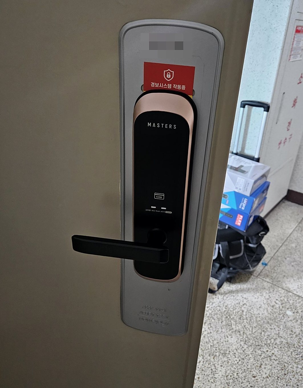 일산동구 정발산동 출장 — 올리브빛 문에 단 구리빛 테 검은 도어락과 붉은 경보 표시, 복도 바닥의 가방과 상자