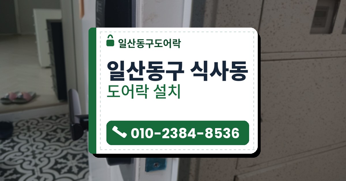 일산동구 식사동 출장 — 열린 문 옆면의 푸른 받이판 걸쇠 자리와 검은 레버형 도어락, 안쪽 무늬 타일 바닥